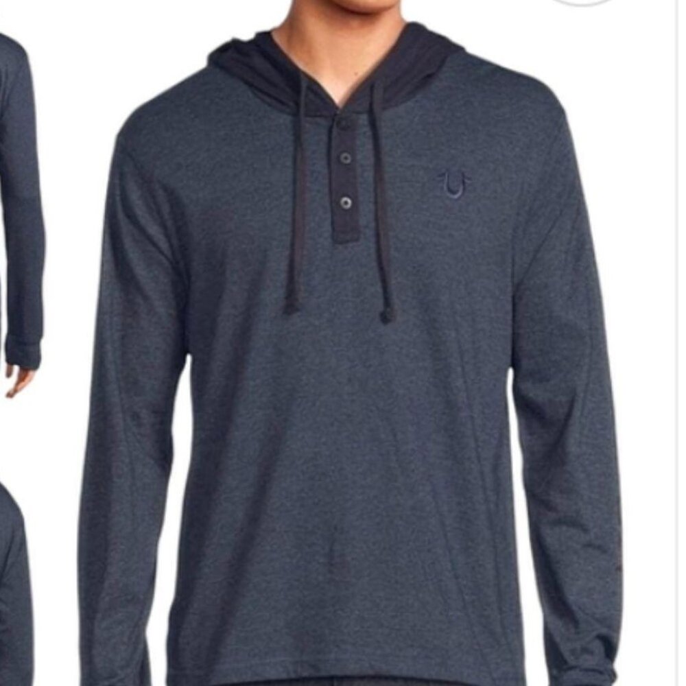 True Religion Hooded Henley Shirt Dark Blue Heathered Cotton Blend Size XXL